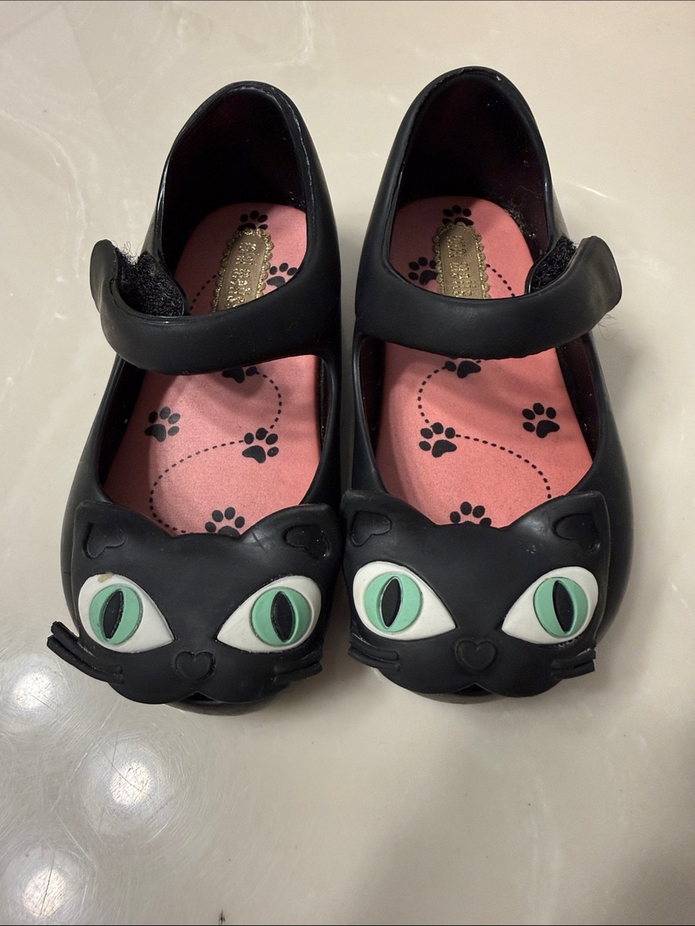 Mini Melissa Black Cat Mary Jane Shoes with Pink Insole and Green Eyes